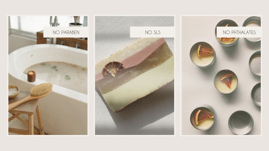 Clean skin care products like bath salt , organic soap bar and lip balms